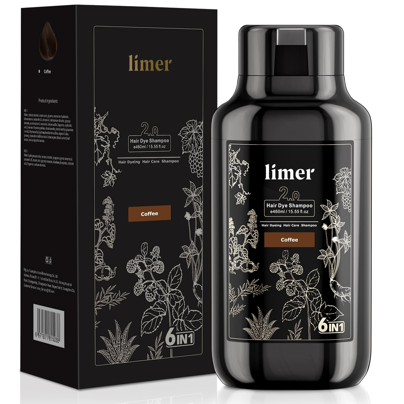 Limer Hair Dye Shampoo Coffee Color – 3-in-1, Ammonia-Free Natural Herbal Color Shampoo