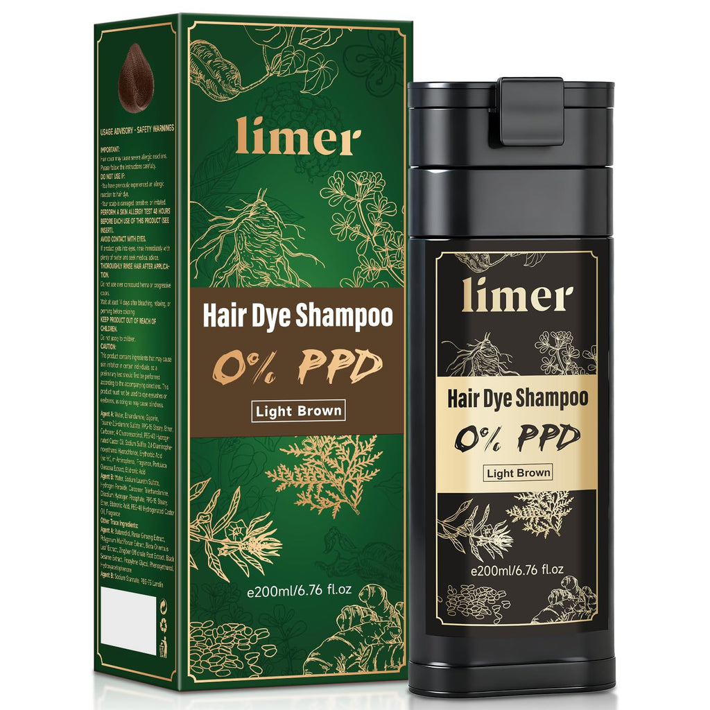 Limer Hair Dye Shampoo Light Brown – PPD-Free, Ammonia-Free, 6-in-1 Herbal Color (200ml)