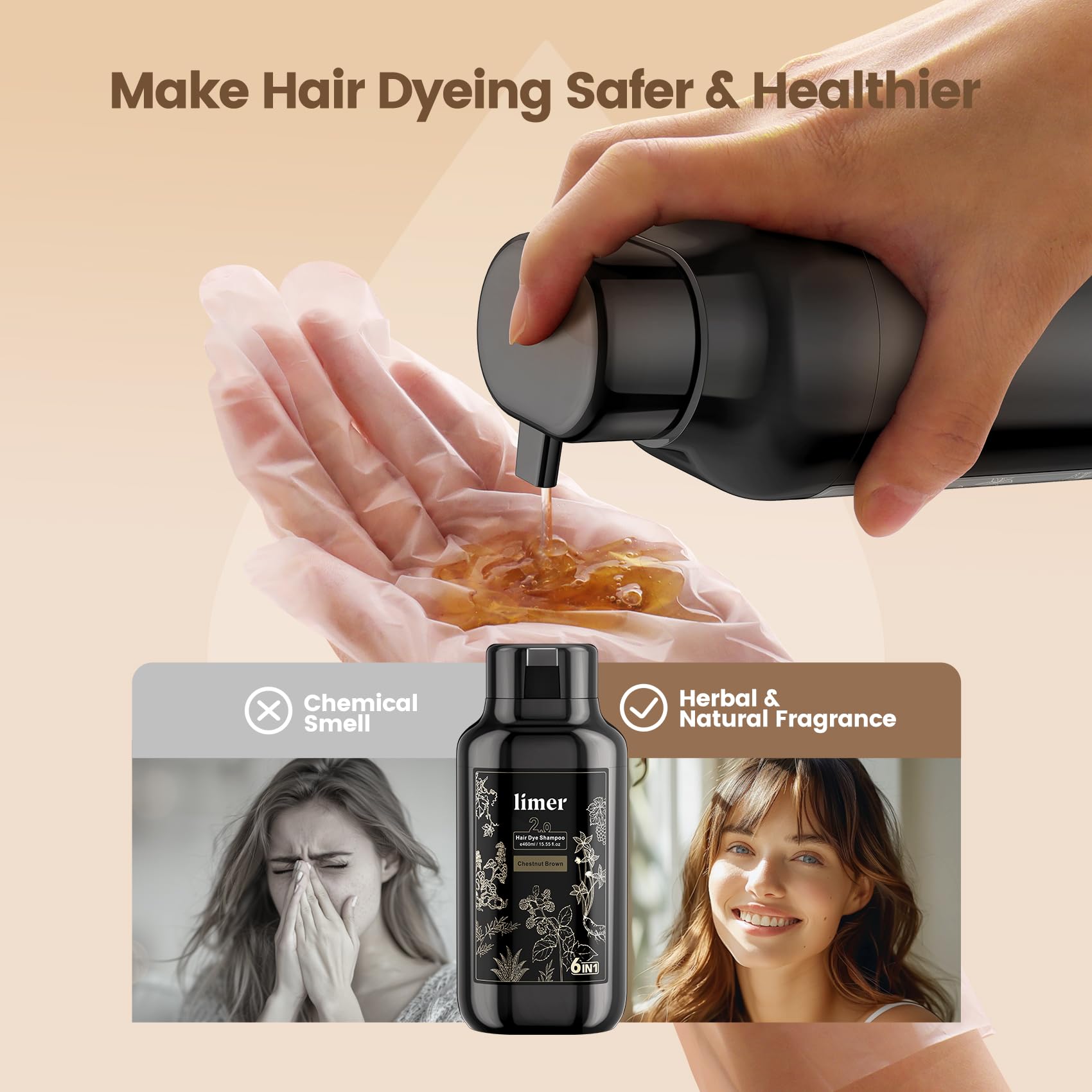 Limer Hair Dye Shampoo Chestnut Brown – 6-in-1 Ammonia-Free, 460ml