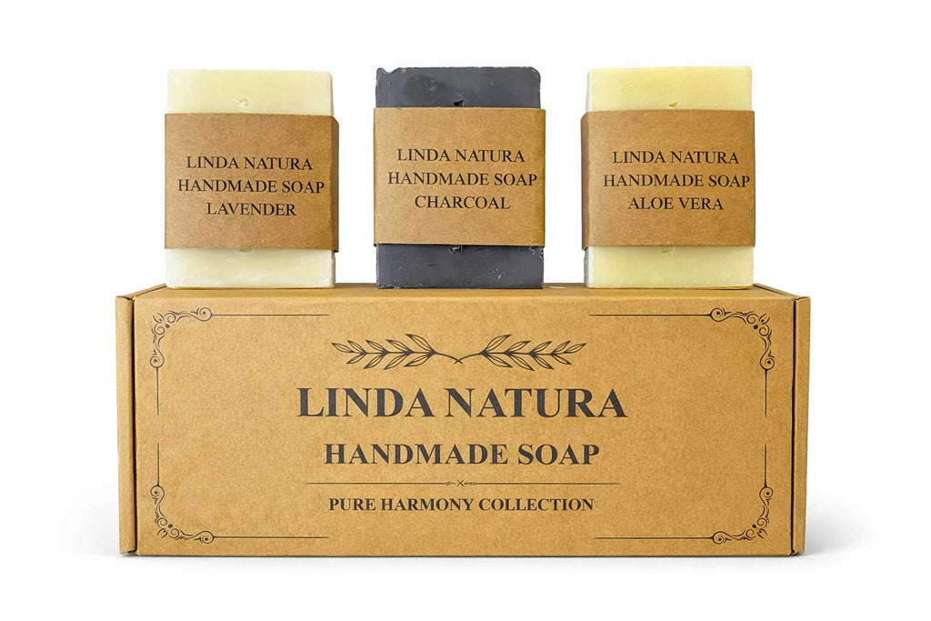 LINDA NATURA Handmade Natural Bar Soap Set | Lavender, Charcoal & Aloe Vera | 3 x 120 g | Pure Harmony Collection