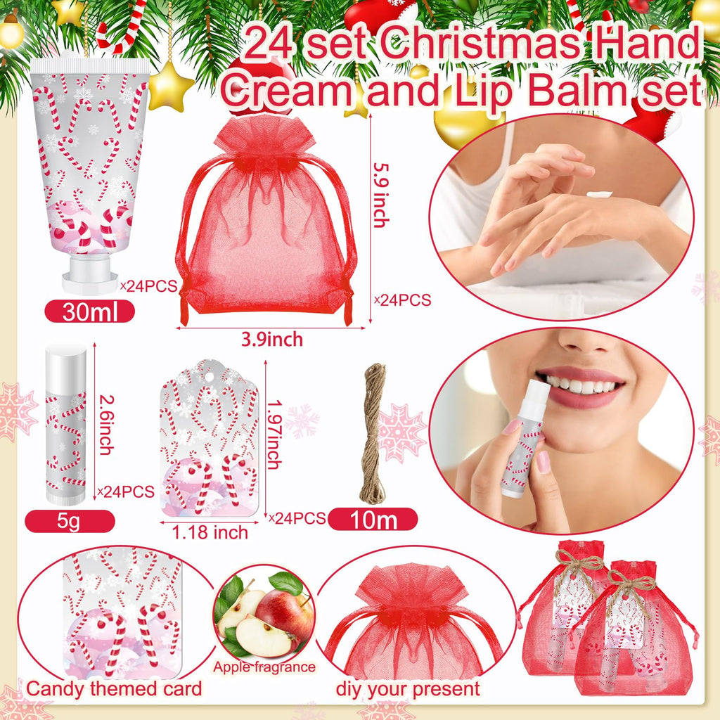 Linyuthia 24 Sets Candy Cane Hand Cream & Lip Balm Gift Set – Christmas & Wedding Favors