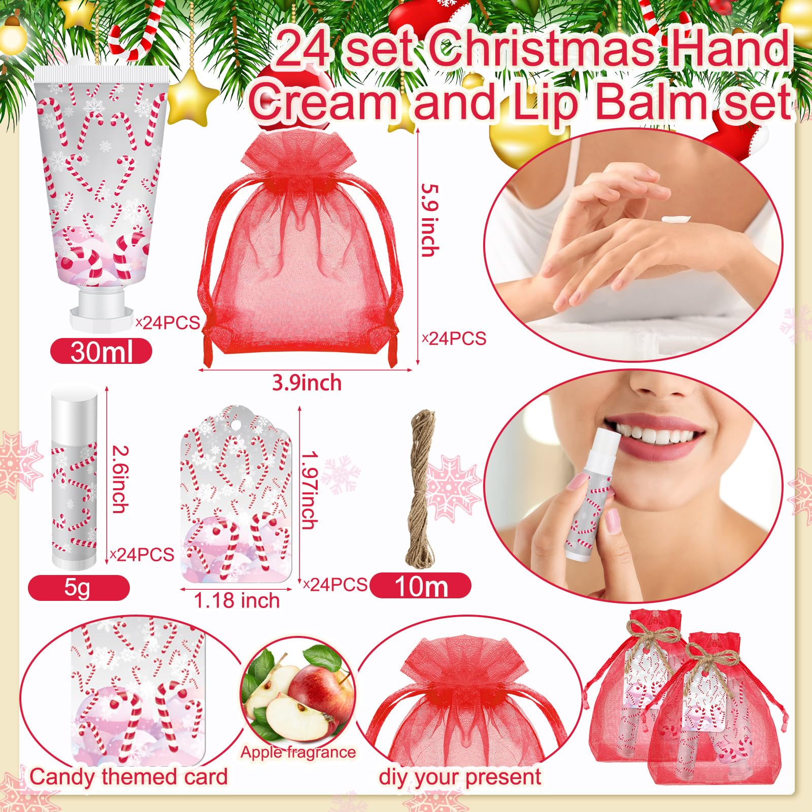 Linyuthia 24 Sets Candy Cane Hand Cream & Lip Balm Gift Set – Christmas & Wedding Favors