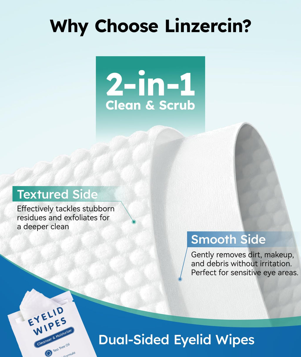 Linzercin Eyelid Cleansing Wipes with Tea Tree Oil – Travel Essentials (30 Count) | Hypoallergenic & Gentle
