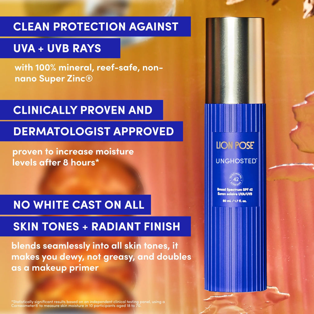 Lion Pose Unghosted Sheer Tinted Mineral SPF 42 with Squalane – Face & Body Sunscreen
