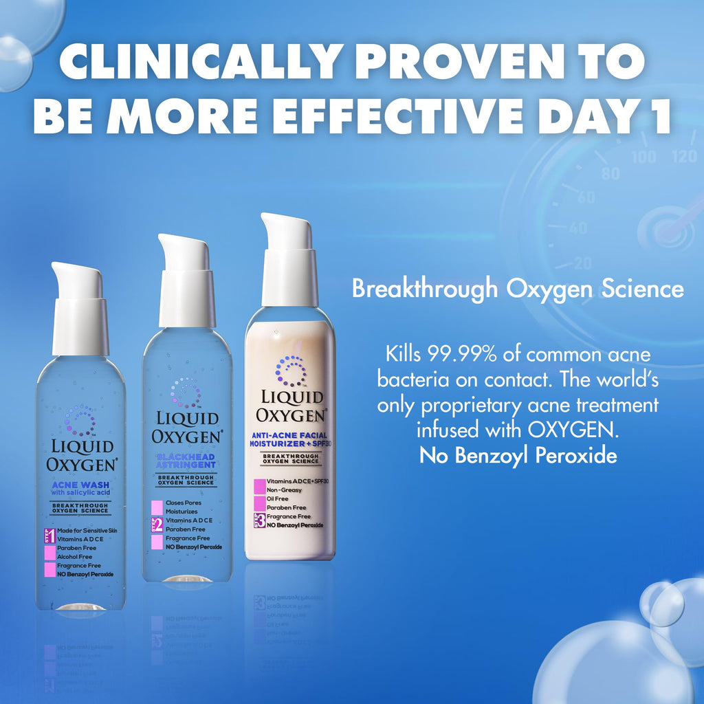 Liquid Oxygen Acne Treatment System for Clearer Skin | Oxygen-Infused 3-Step Kit (Wash, Toner & SPF 30 Moisturizer) | Dermatologist-Recommended