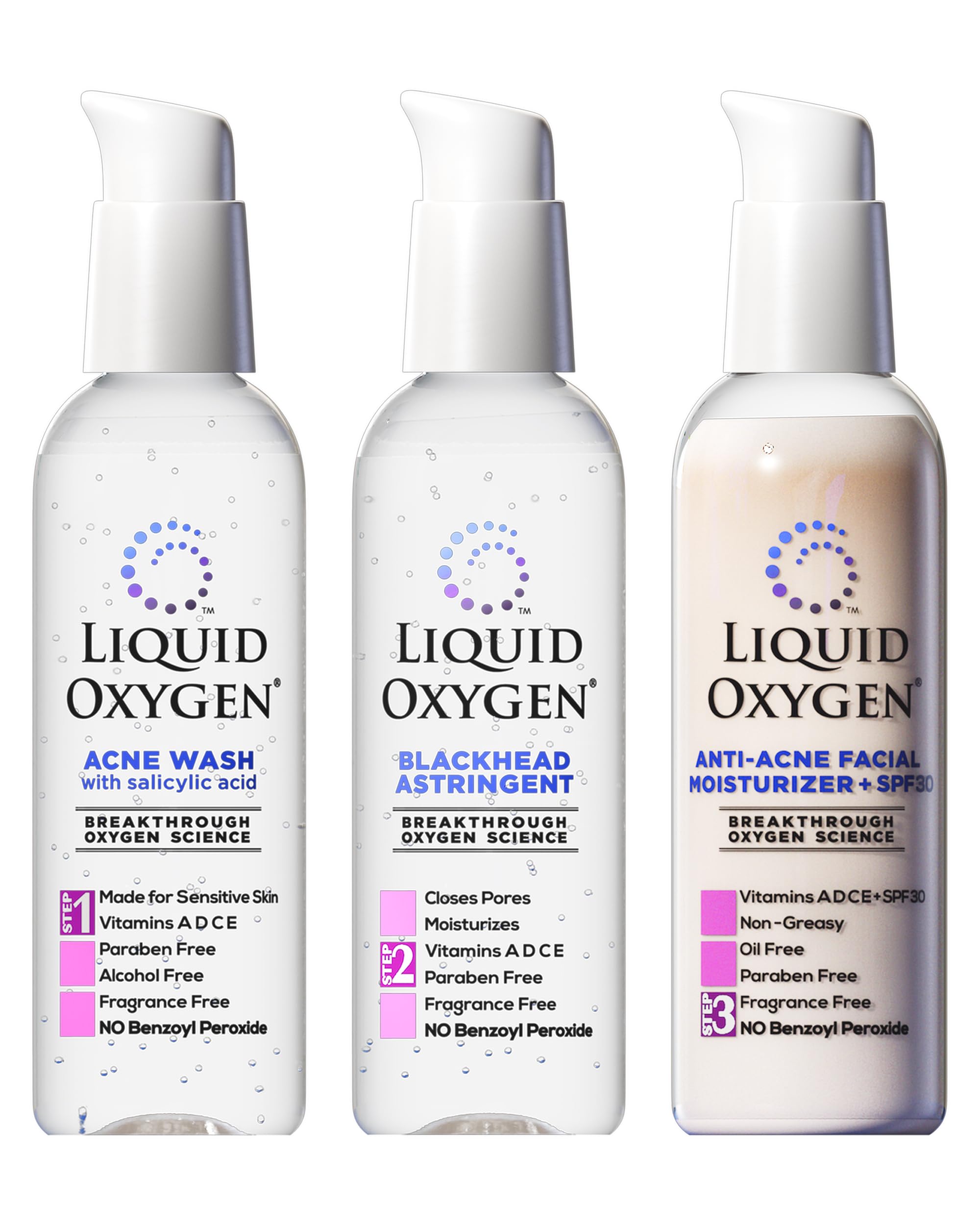 Liquid Oxygen Acne Treatment System for Clearer Skin | Oxygen-Infused 3-Step Kit (Wash, Toner & SPF 30 Moisturizer) | Dermatologist-Recommended
