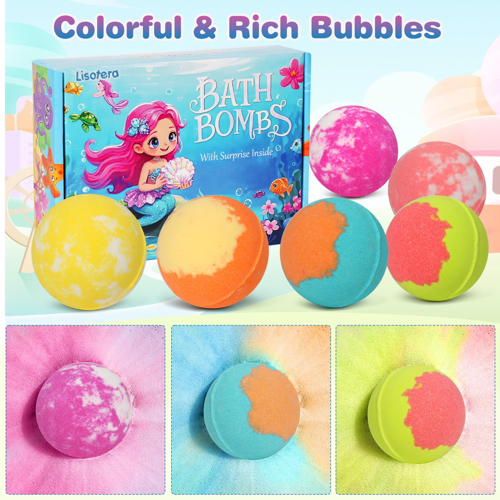 Lisotera Mermaid Bath Bombs for Kids - 12-Pack with Jewelry Surprise Inside