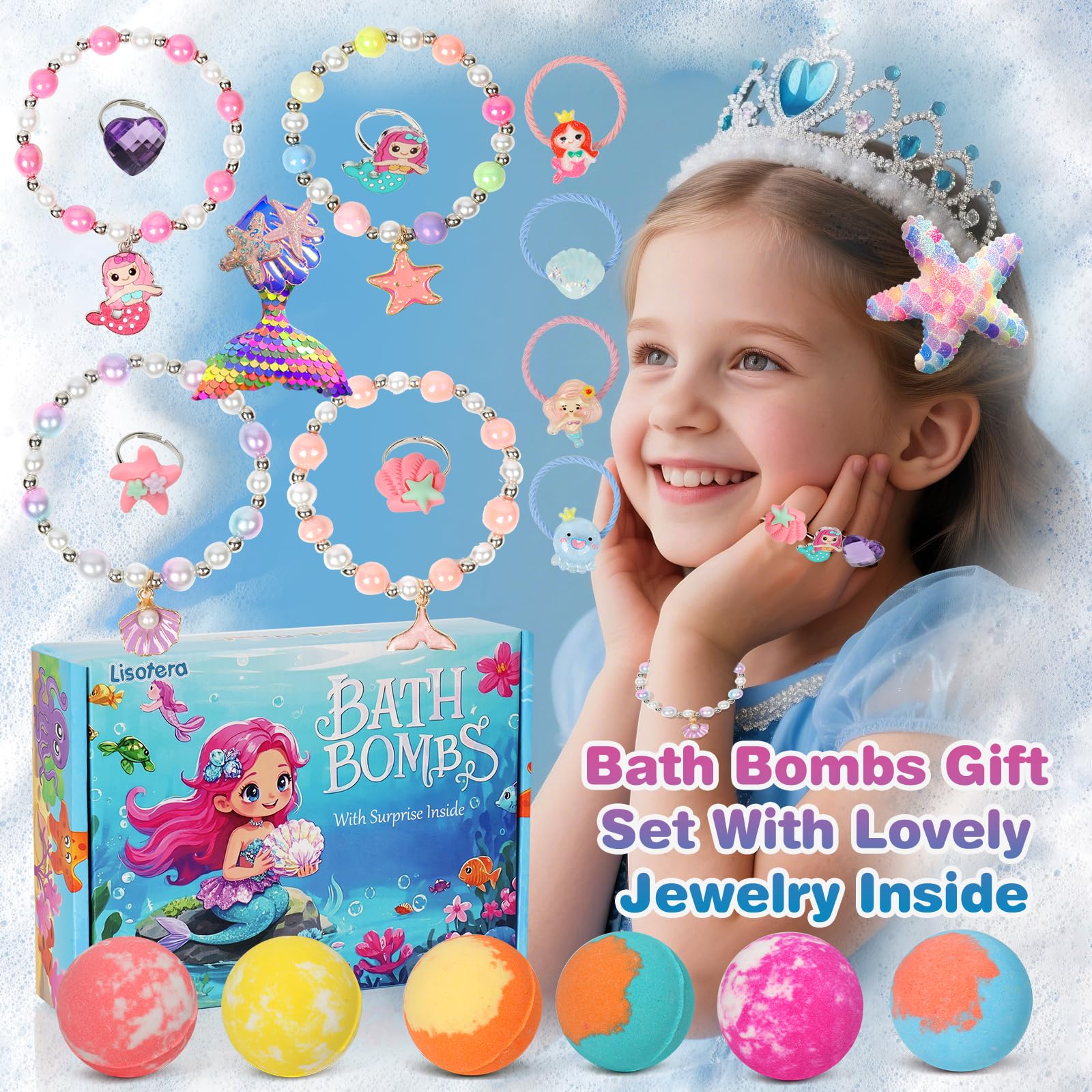 Lisotera Mermaid Bath Bombs for Kids - 12-Pack with Jewelry Surprise Inside