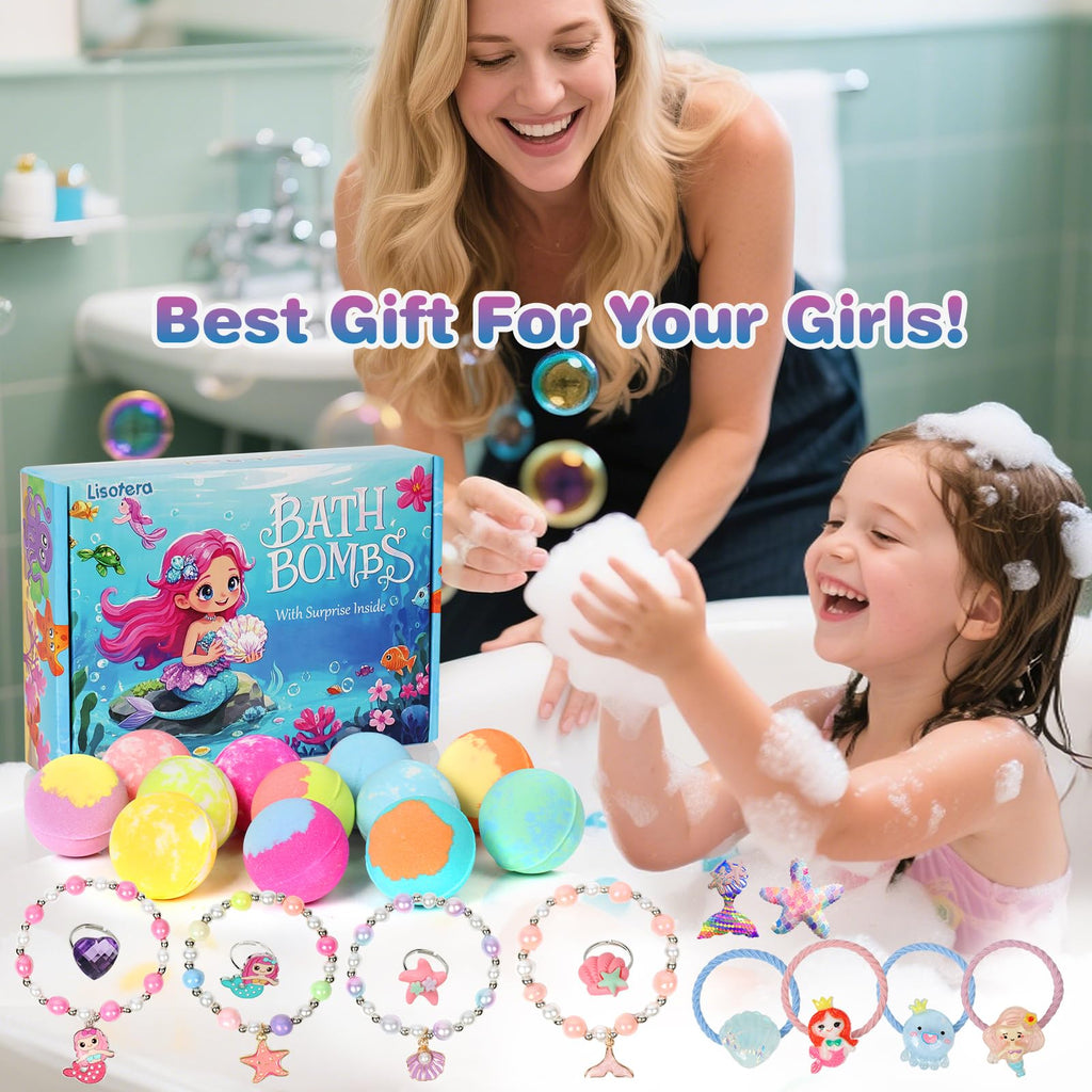 Lisotera Mermaid Bath Bombs for Kids - 12-Pack with Jewelry Surprise Inside