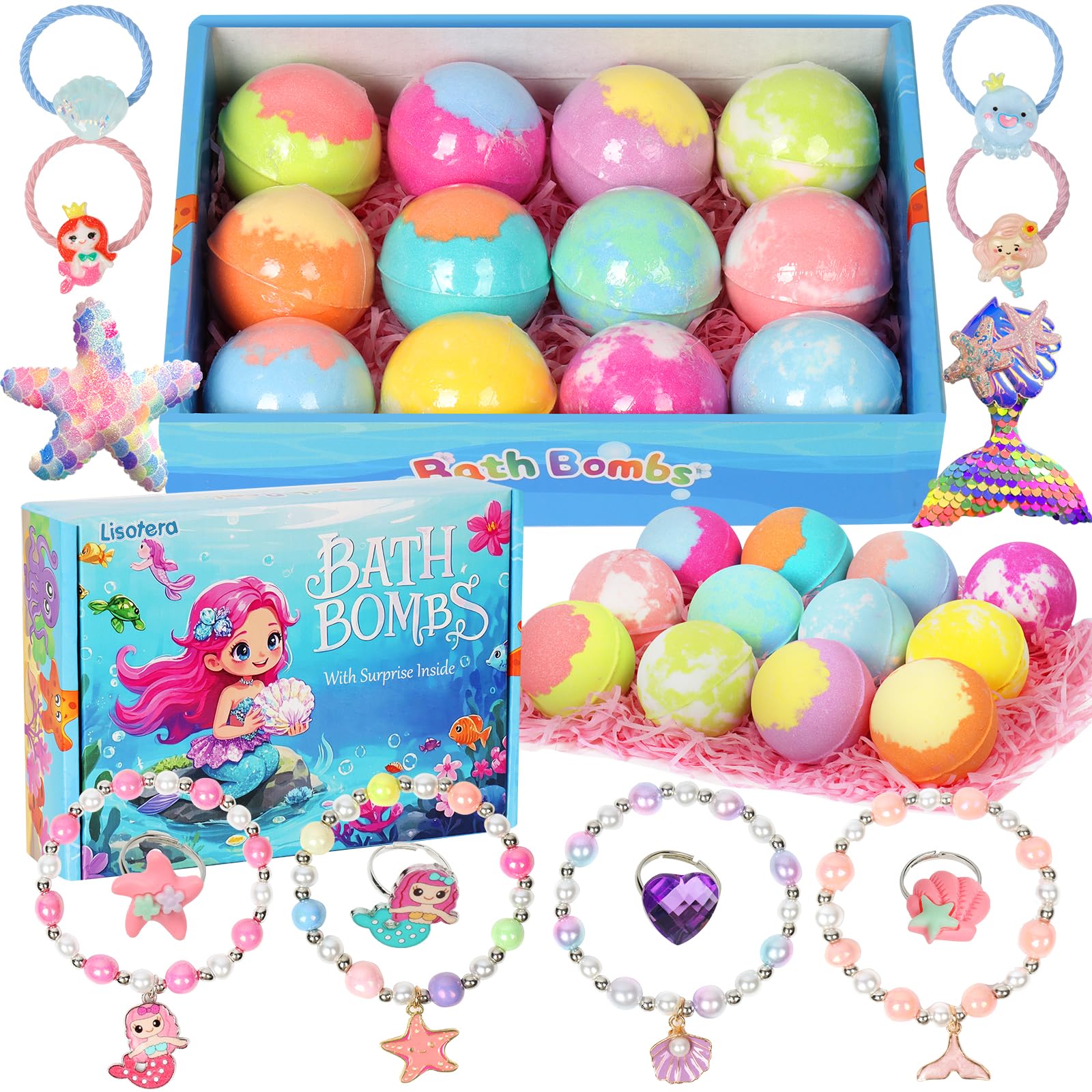 Lisotera Mermaid Bath Bombs for Kids - 12-Pack with Jewelry Surprise Inside