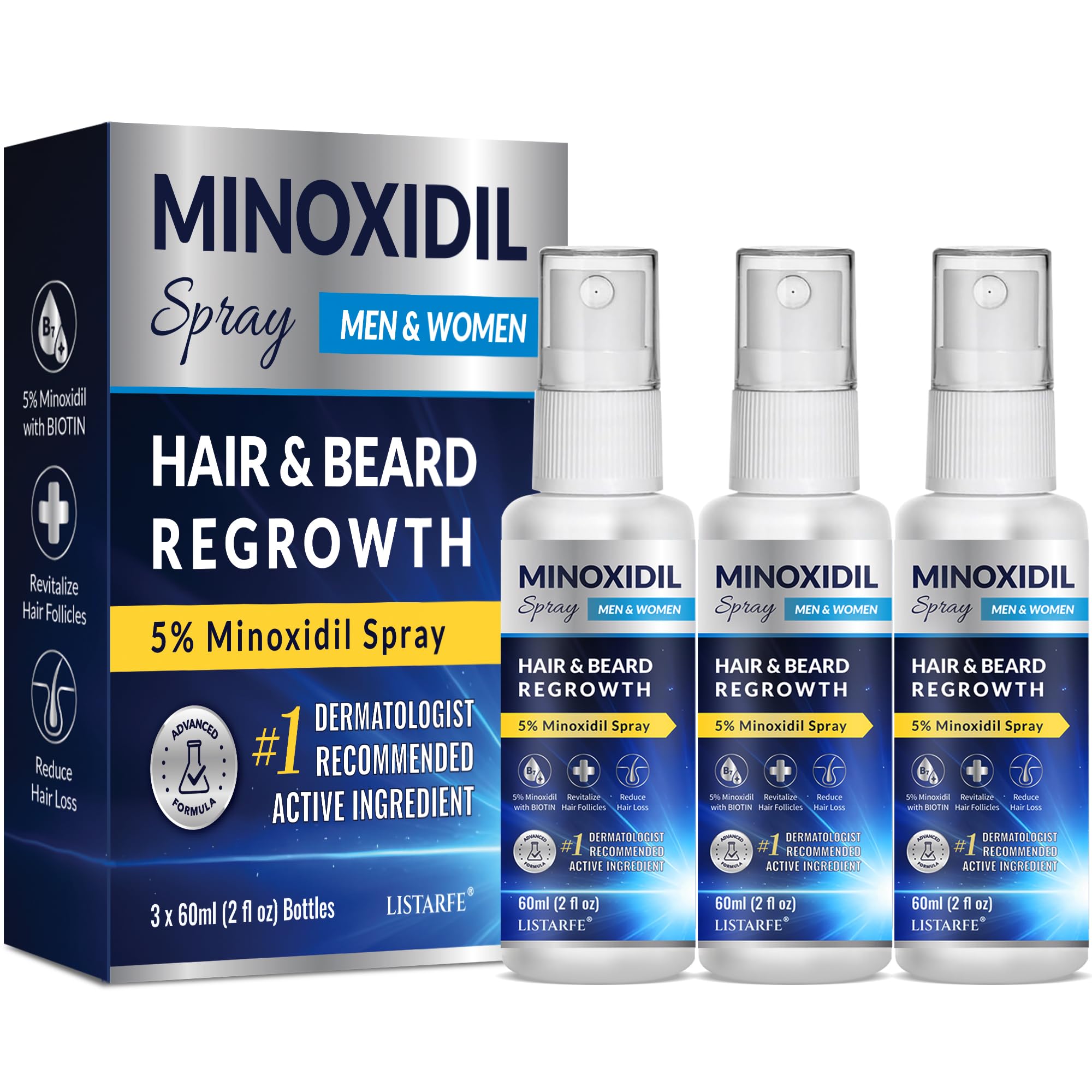 Listarfe 5% Minoxidil Spray – 3-Pack for Men & Women Hair & Beard Growth