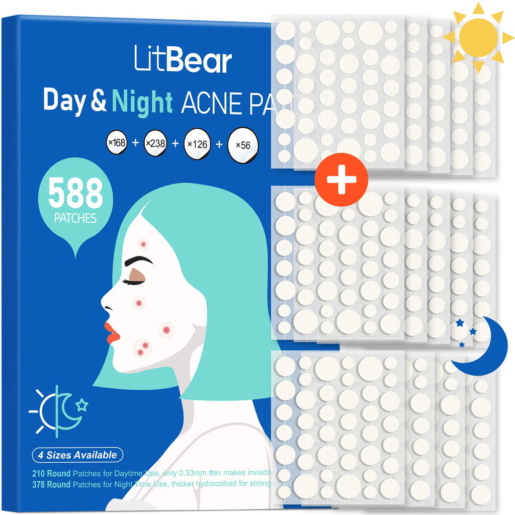LitBear Acne Pimple Patches – Day & Night, 4 Sizes, 588 Dots