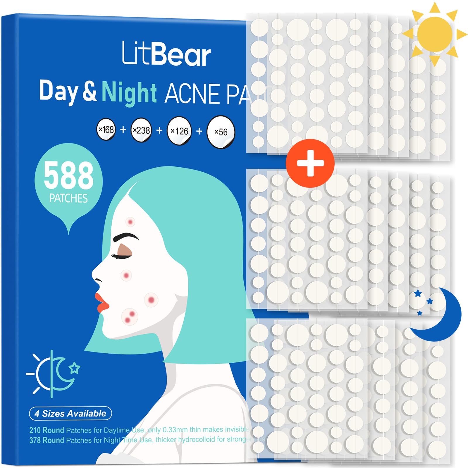 LitBear Acne Pimple Patches – Day & Night, 4 Sizes, 588 Dots