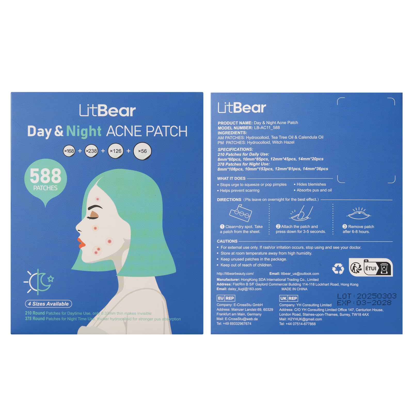 LitBear Acne Pimple Patches – Day & Night, 4 Sizes, 588 Dots