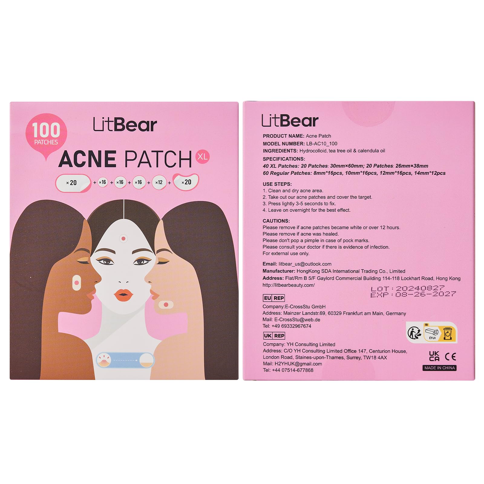 LitBear Large Acne Pimple Patches – 100 Patches, 6 Sizes, Tea Tree & Calendula, Hydrocolloid for Face & Body
