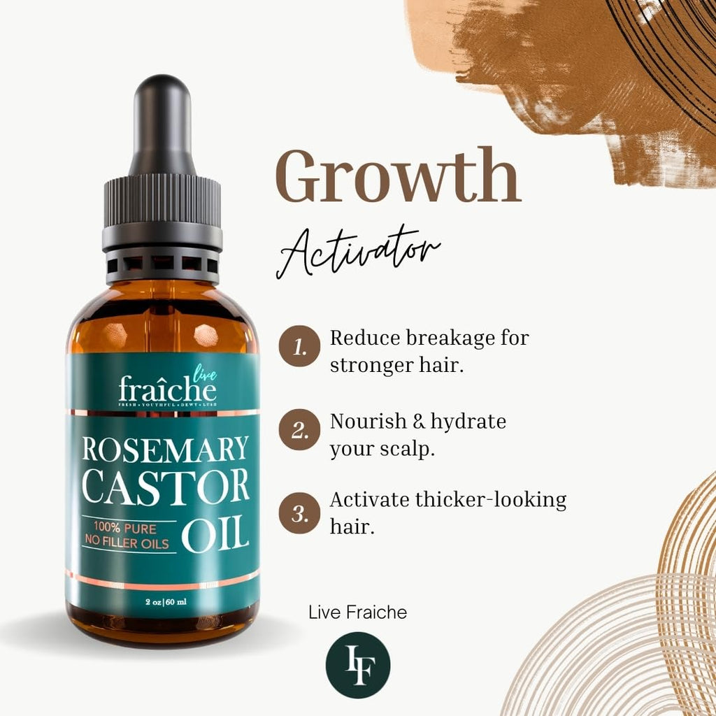 Live Fraiche Rosemary Castor Oil for Hair Growth – 4 oz, Cold-Pressed, No Fillers