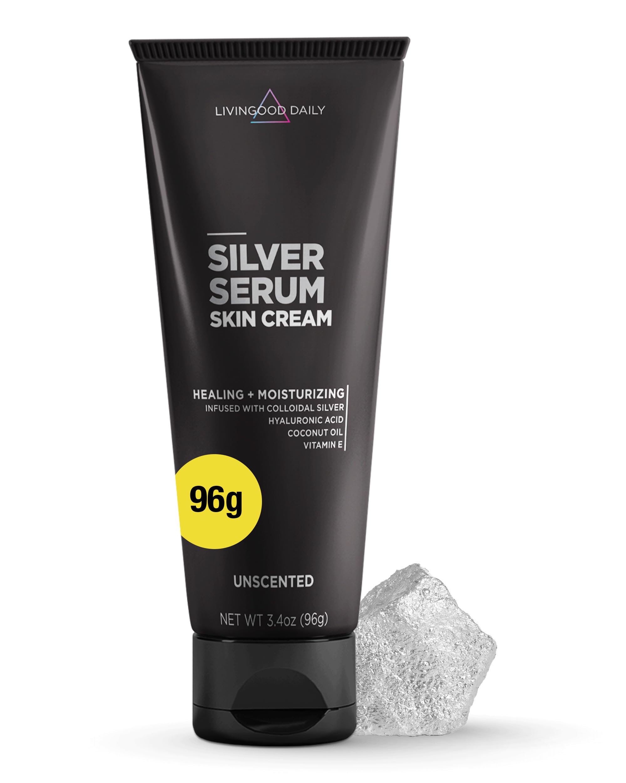 Livingood Daily Silver Serum Skin Cream – Colloidal Silver, Hyaluronic Acid, Unscented Moisturizer (3.4 oz)