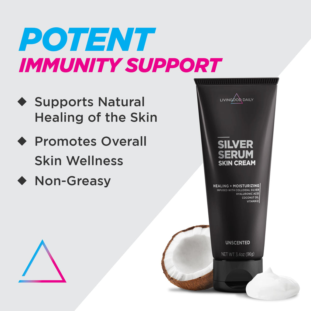 Livingood Daily Silver Serum Skin Cream – Colloidal Silver, Hyaluronic Acid, Unscented Moisturizer (3.4 oz)