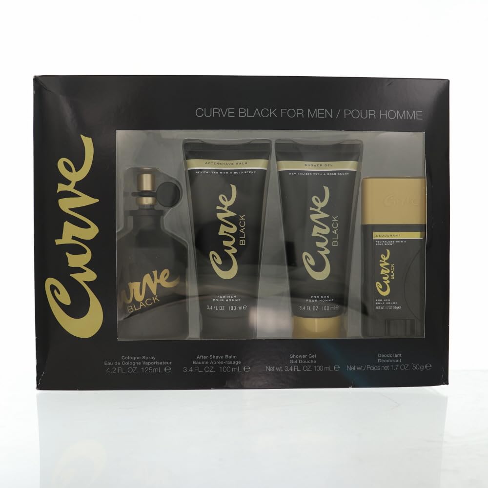Liz Claiborne Curve Black for Men – 4-Piece Gift Set (EDC Spray, Balm, Gel, Deodorant)