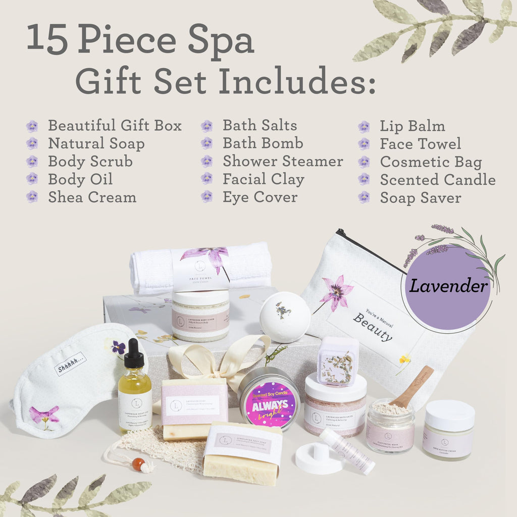 Lizush Luxury Lavender Spa Gift Set for Women – 15-Piece Body Care Kit, Handmade in the USA
