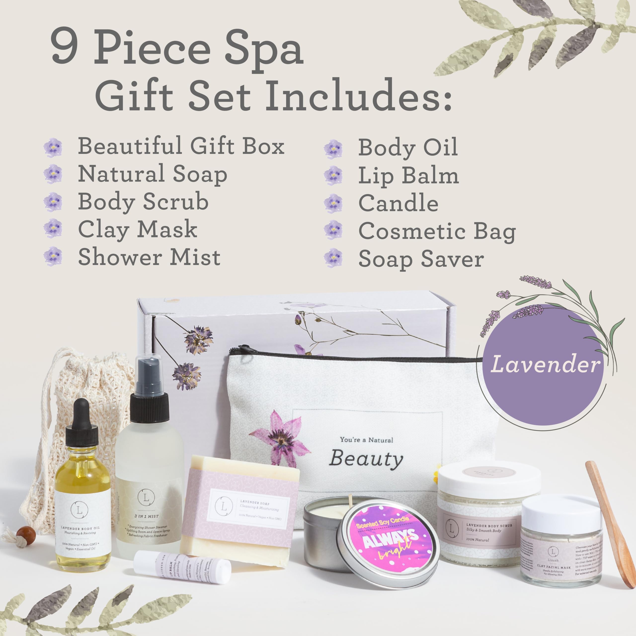 Lizush Luxury Spa Gifts for Women – 9-Piece Lavender Gift Set | Handmade in USA