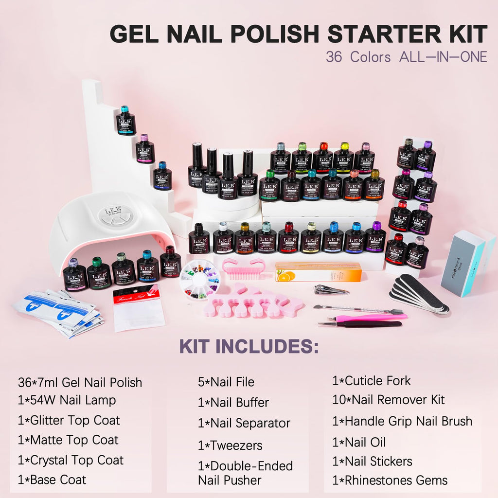 LKEE Gel Nail Polish Kit with 108W UV Lamp – 65-Piece All-In-One DIY Nail Set