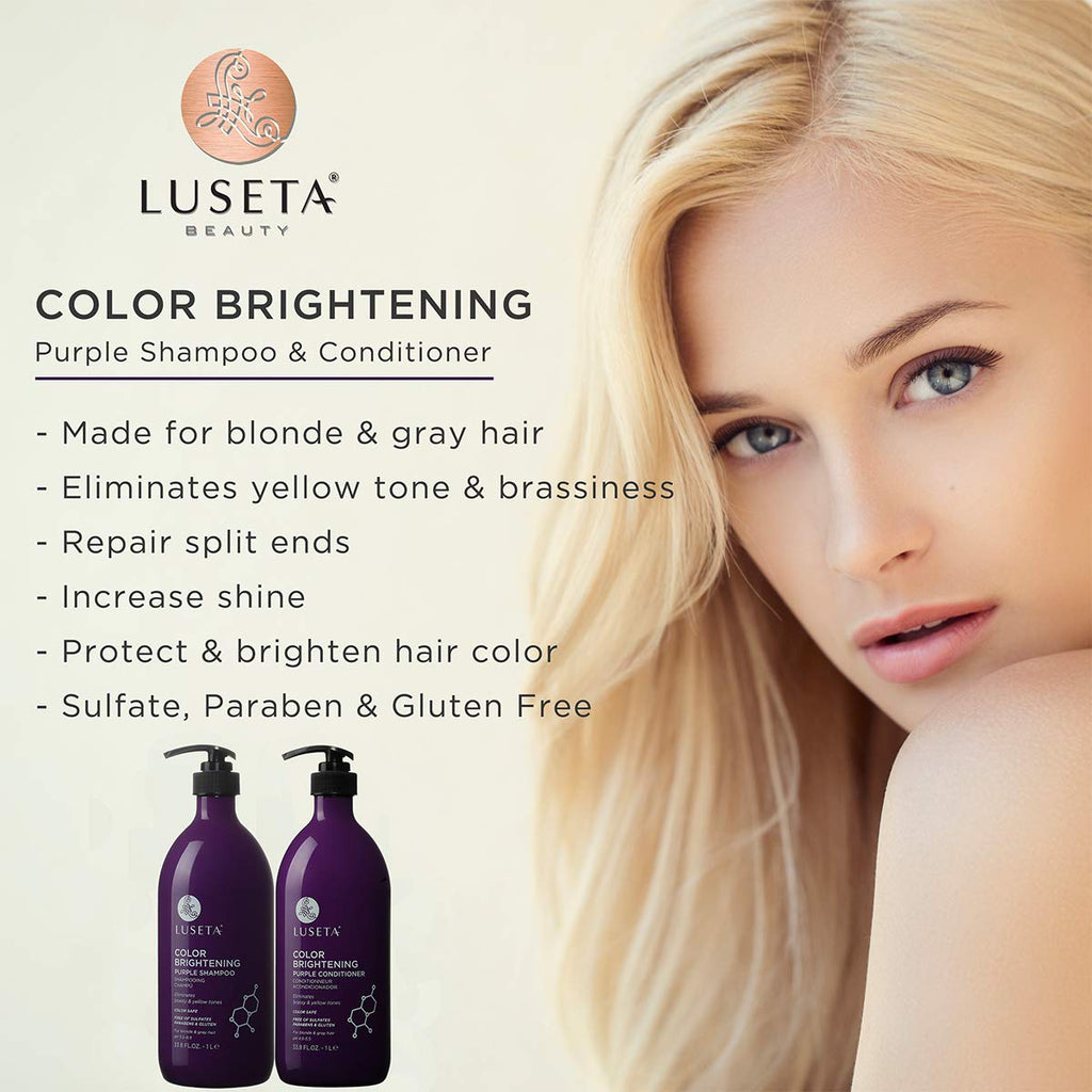 L LUSETA Color Brightening Purple Shampoo & Conditioner Set for Blonde & Gray Hair – Coconut Oil Nourishment | 2x33.8oz