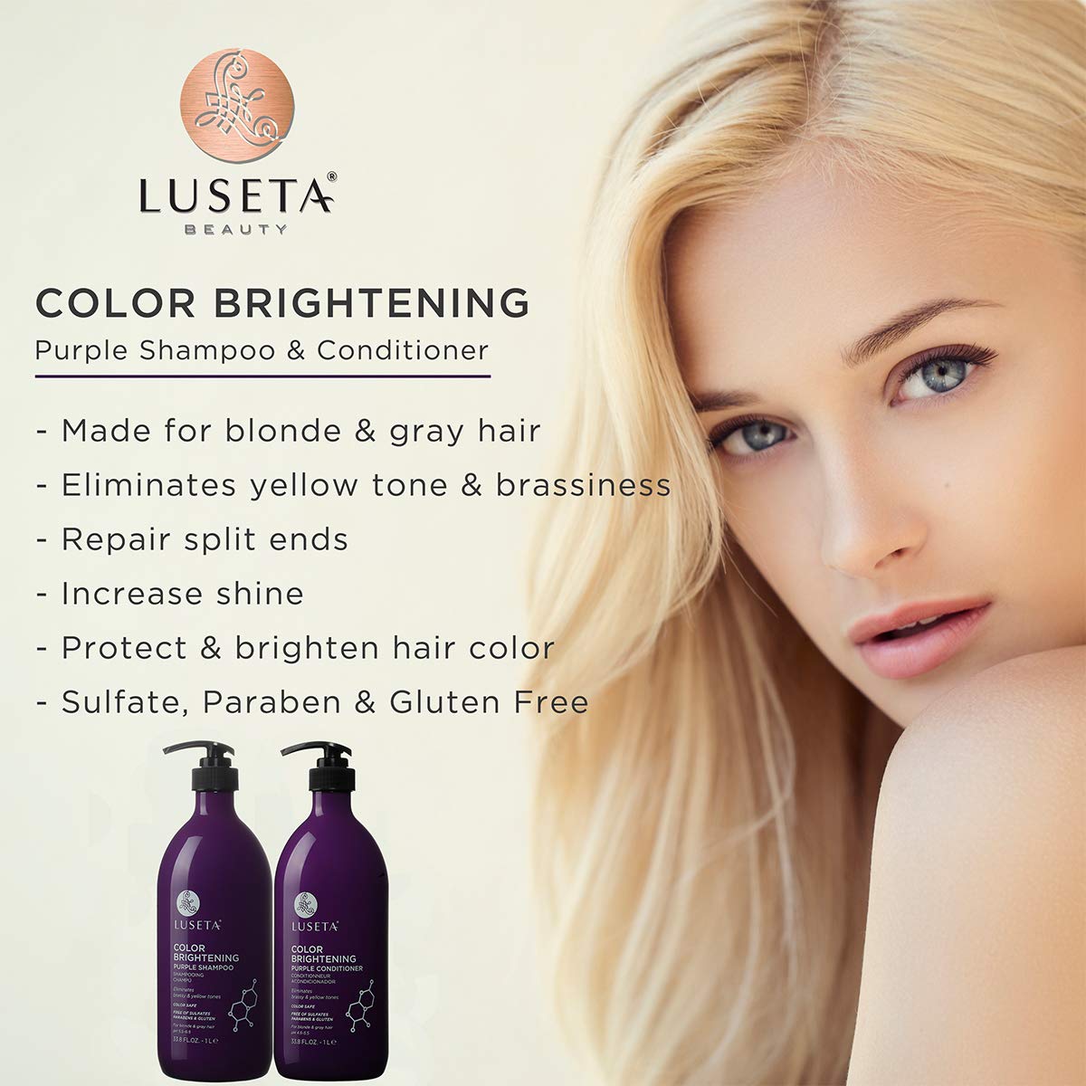 L LUSETA Color Brightening Purple Shampoo & Conditioner Set for Blonde & Gray Hair – Coconut Oil Nourishment | 2x33.8oz