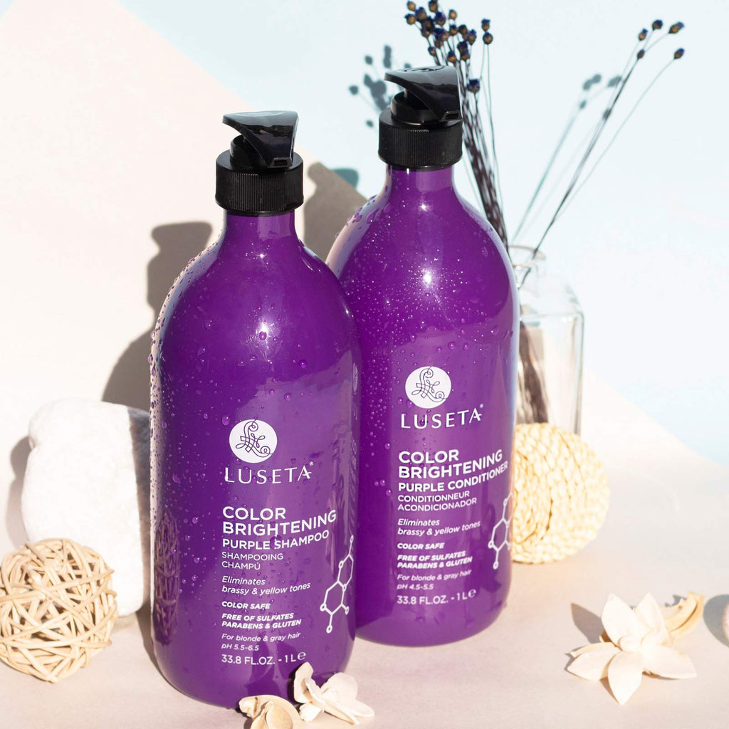 L LUSETA Color Brightening Purple Shampoo & Conditioner Set for Blonde & Gray Hair – Coconut Oil Nourishment | 2x33.8oz
