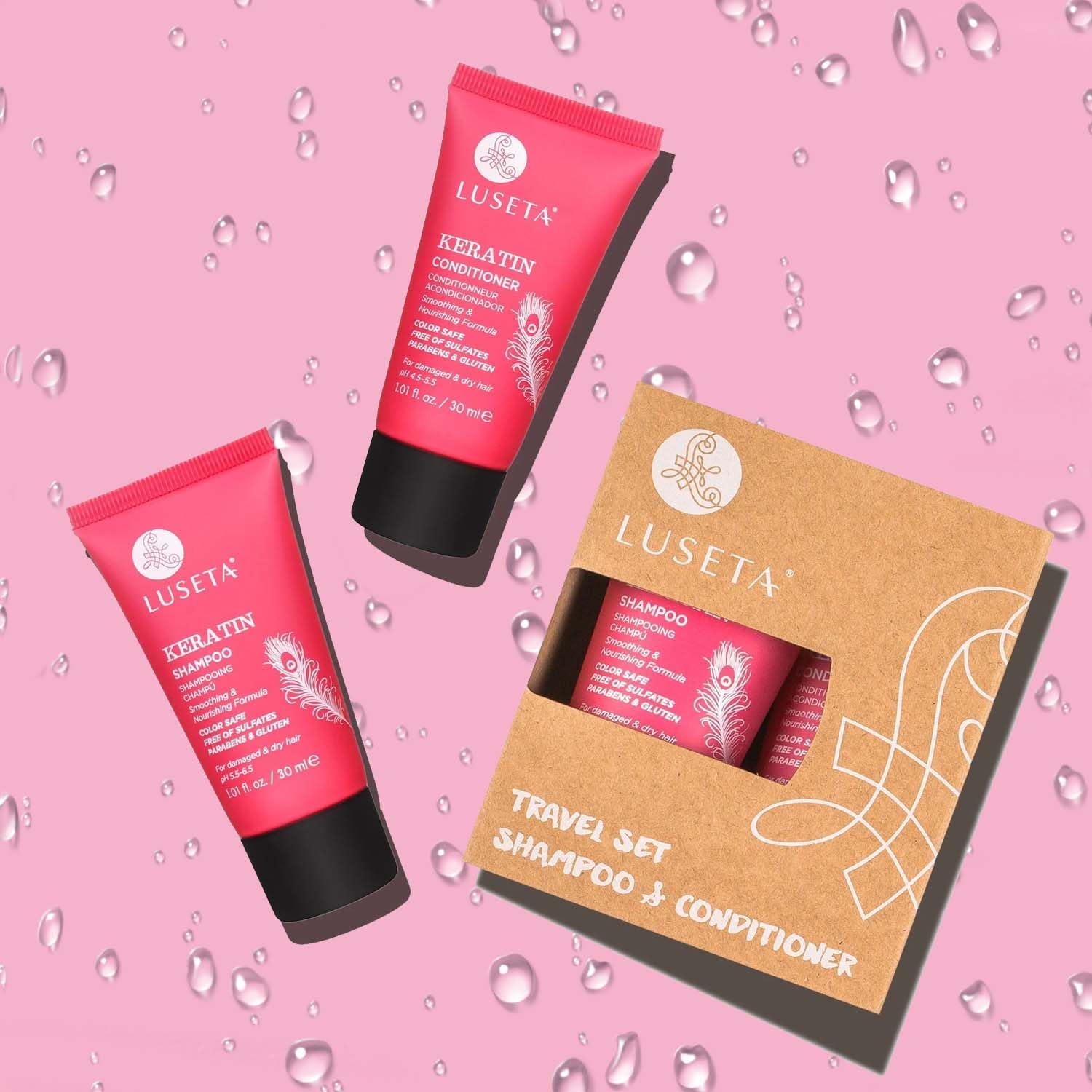 L LUSETA Keratin Shampoo Set – Color-Treated Hair Care with Keratin & Argan Oil (2x16.9 oz + 2x1.01 oz)