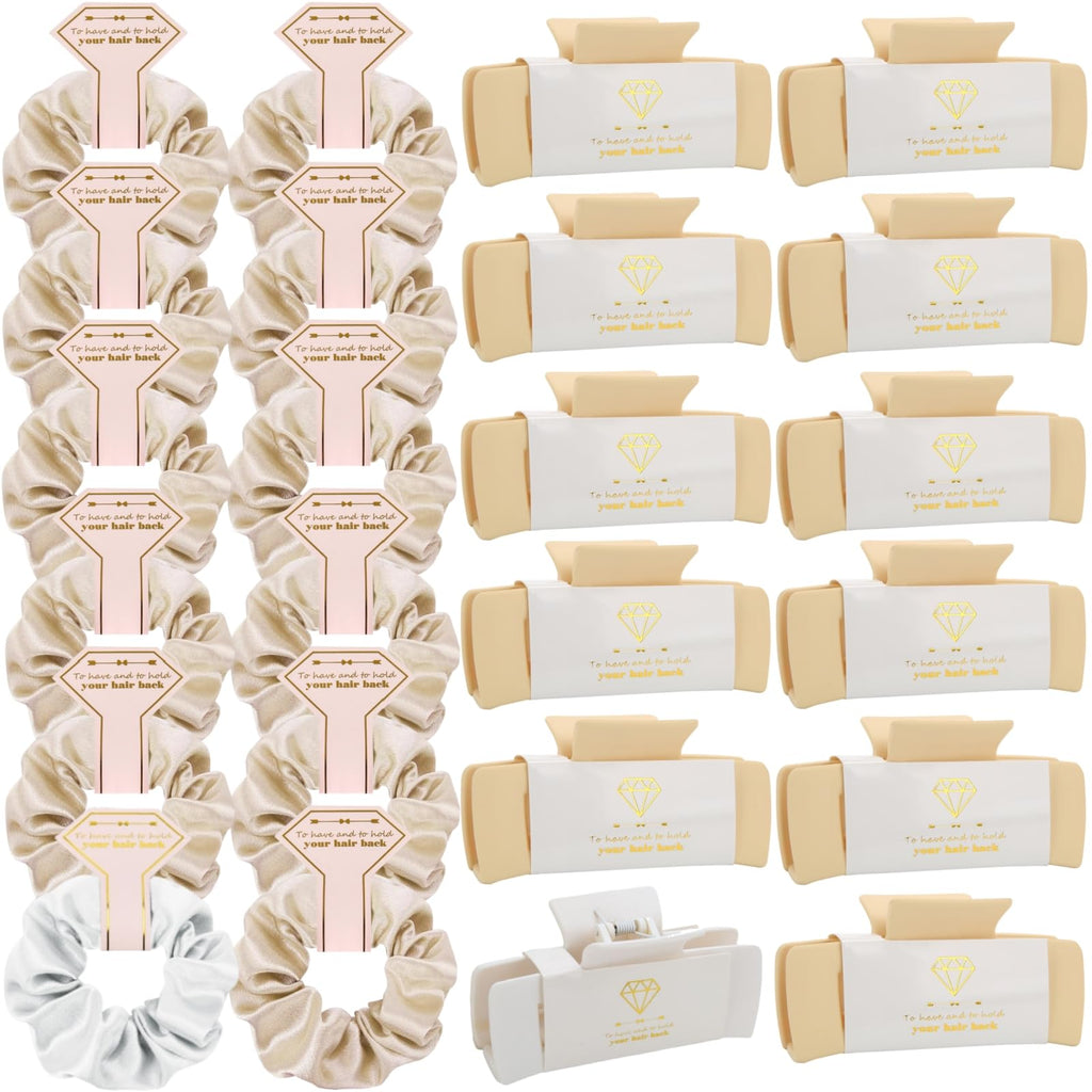Loanzeg Bridesmaid Hair Claws & Scrunchies Set – 8 Claws + 8 Scrunchies, White & Champagne, Bridal Shower & Wedding Favors