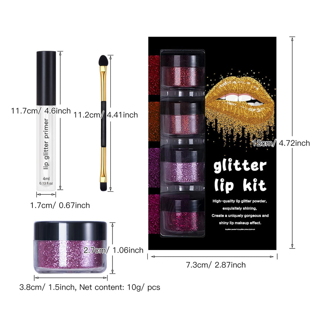 LOKFAR 4 Colors Glitter Lip Kit – Waterproof, Long-Lasting Shimmer Lip Powder & Primer Set (Set A Warm Color)