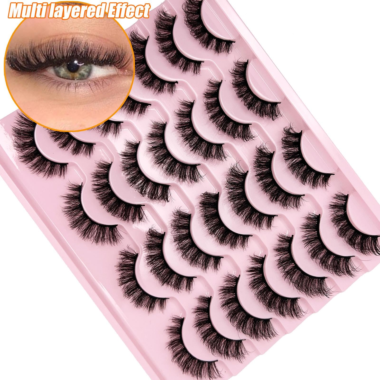 loladook Fake Lashes Natural Look Short Fluffy Lashes – D Curl Cat Eye, 14-Pair Reusable Pack