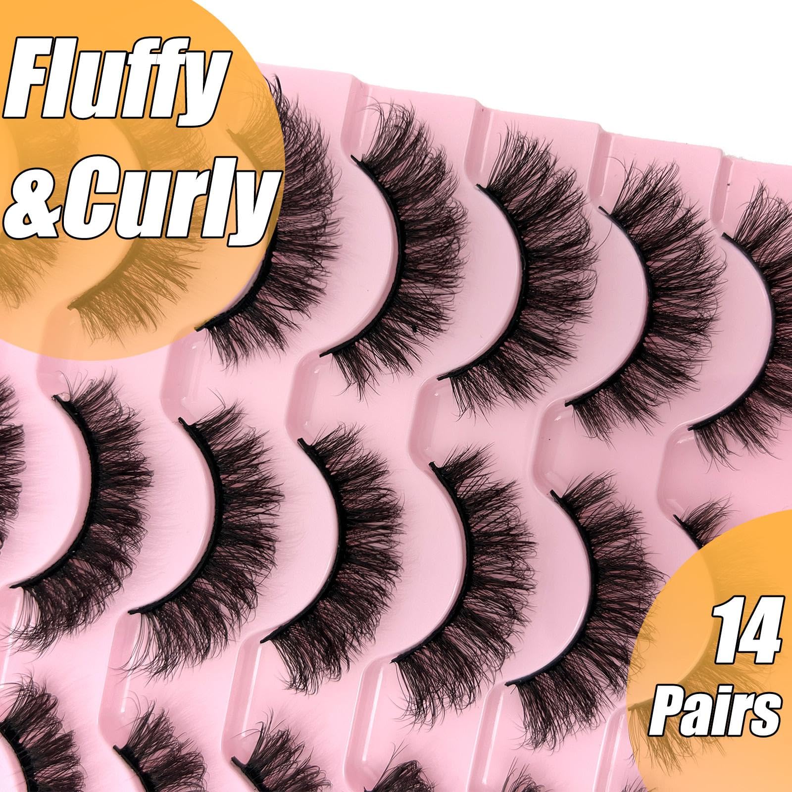 loladook Fake Lashes Natural Look Short Fluffy Lashes – D Curl Cat Eye, 14-Pair Reusable Pack
