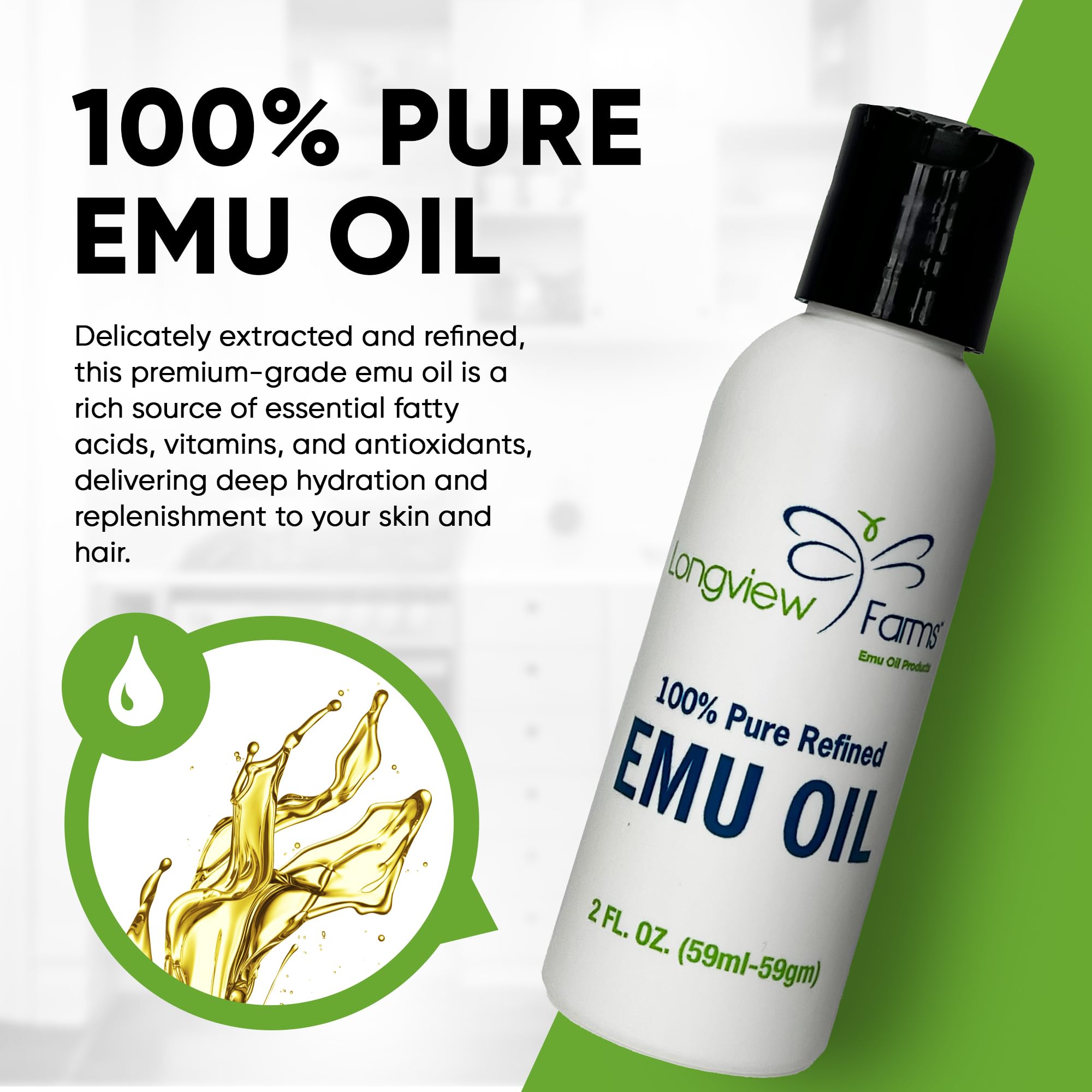 Longview Farms Emu Oil – 100% Pure, Refined Emu Oil for Skin & Hair | 2 Fl. Oz