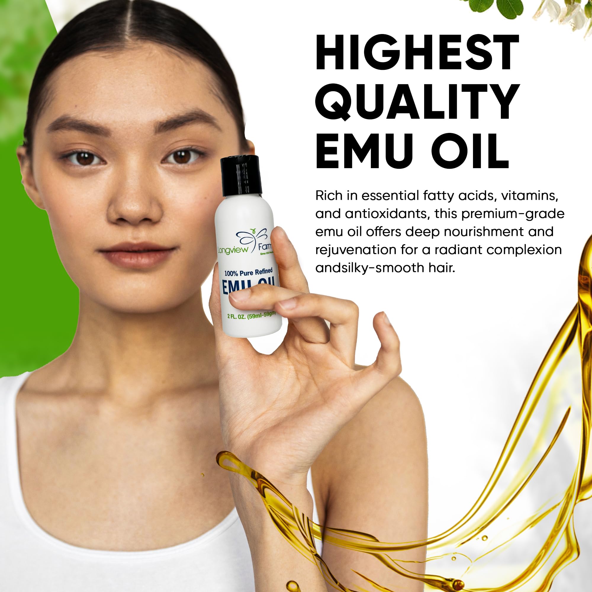 Longview Farms Emu Oil – 100% Pure, Refined Emu Oil for Skin & Hair | 2 Fl. Oz