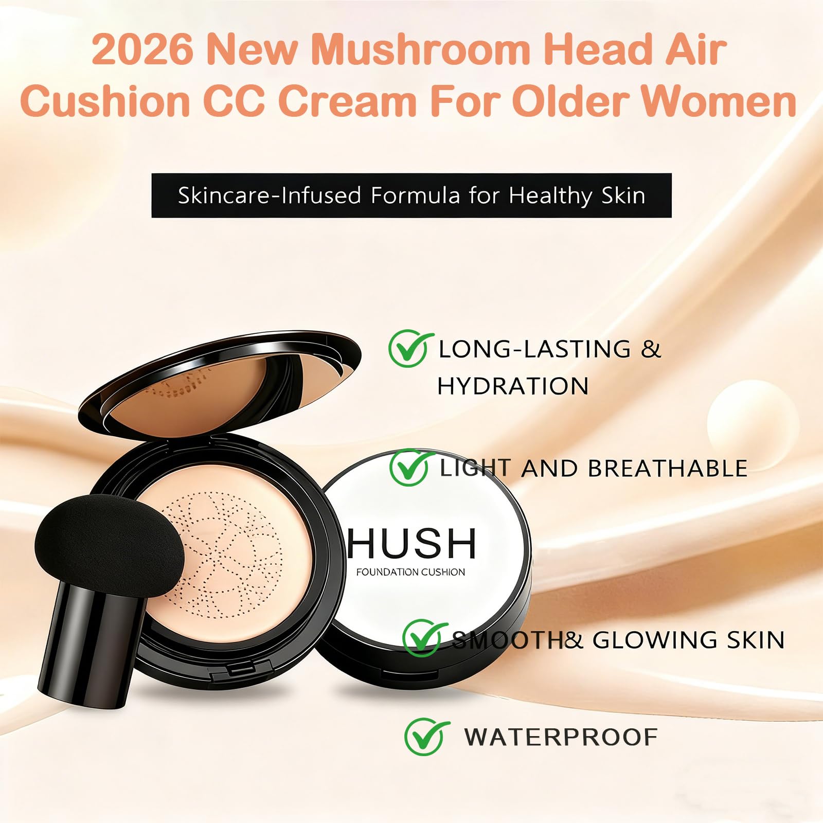 Loobexery Hush Foundation for Mature Skin — Warm Tone Hydrating Cushion CC/BB with Full Coverage