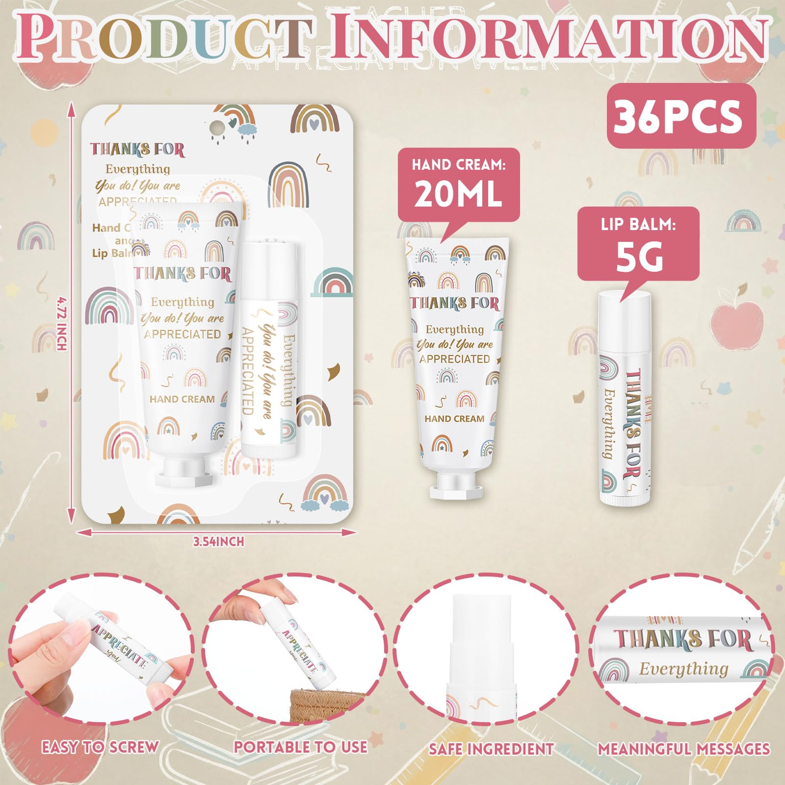 Loopeer 36-Set Bulk Teacher Appreciation Gifts — Boho Rainbow Lip Balm & Hand Cream
