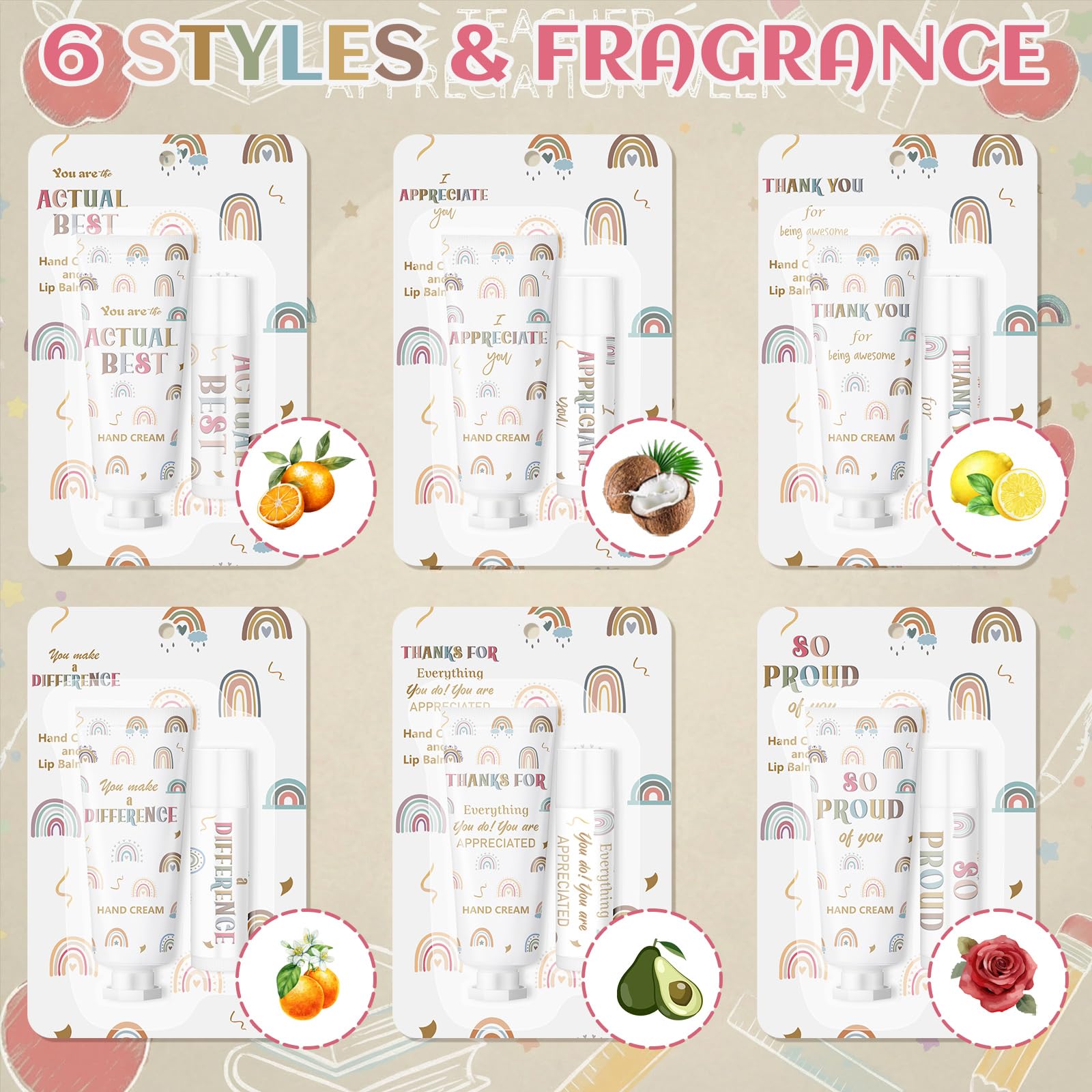Loopeer 36-Set Bulk Teacher Appreciation Gifts — Boho Rainbow Lip Balm & Hand Cream