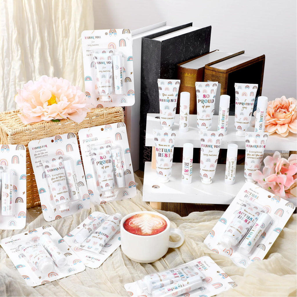 Loopeer 24-Set Bulk Gift: Boho Rainbow Lip Balm & Hand Cream for Coworkers & Galentine's Day