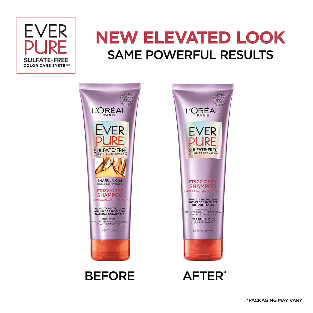 L'Oreal Paris EverPure Frizz-Defy Shampoo with Marula Oil – Sulfate Free, Color-Safe, Humidity Protection (2 Count, 8.5 Fl Oz Each)