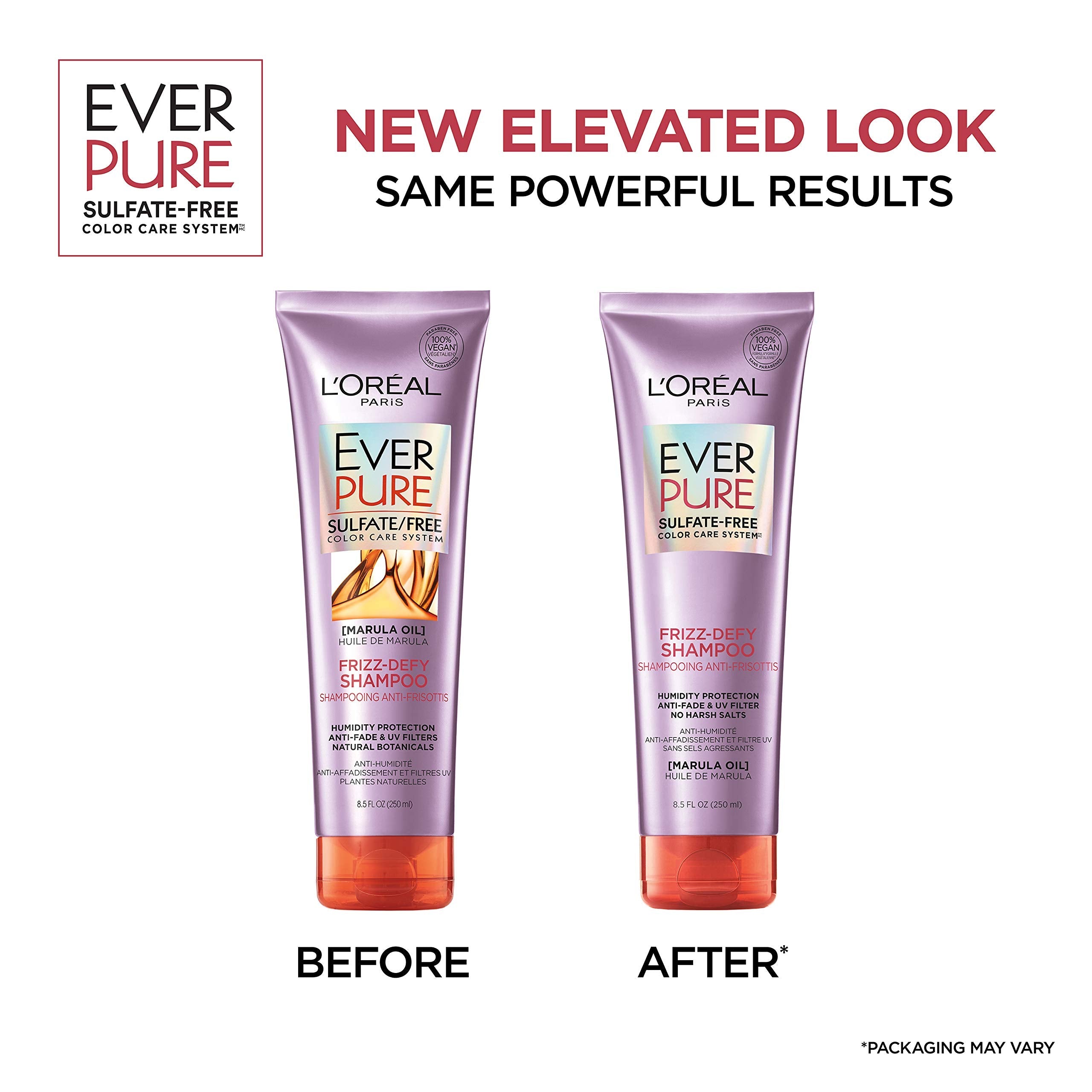 L'Oreal Paris EverPure Frizz-Defy Shampoo with Marula Oil – Sulfate Free, Color-Safe, Humidity Protection (2 Count, 8.5 Fl Oz Each)