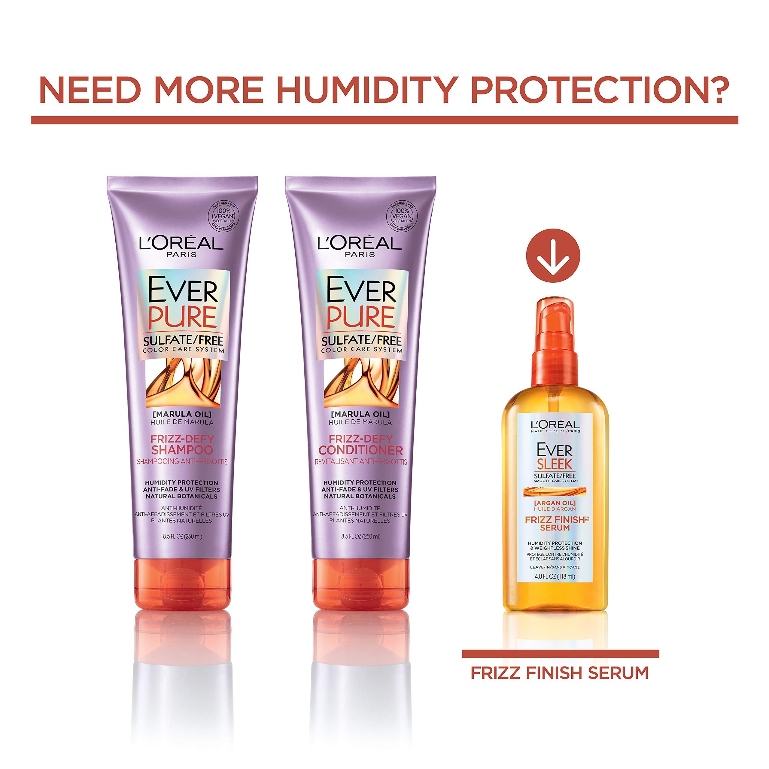 L'Oreal Paris EverPure Frizz-Defy Shampoo with Marula Oil – Sulfate Free, Color-Safe, Humidity Protection (2 Count, 8.5 Fl Oz Each)