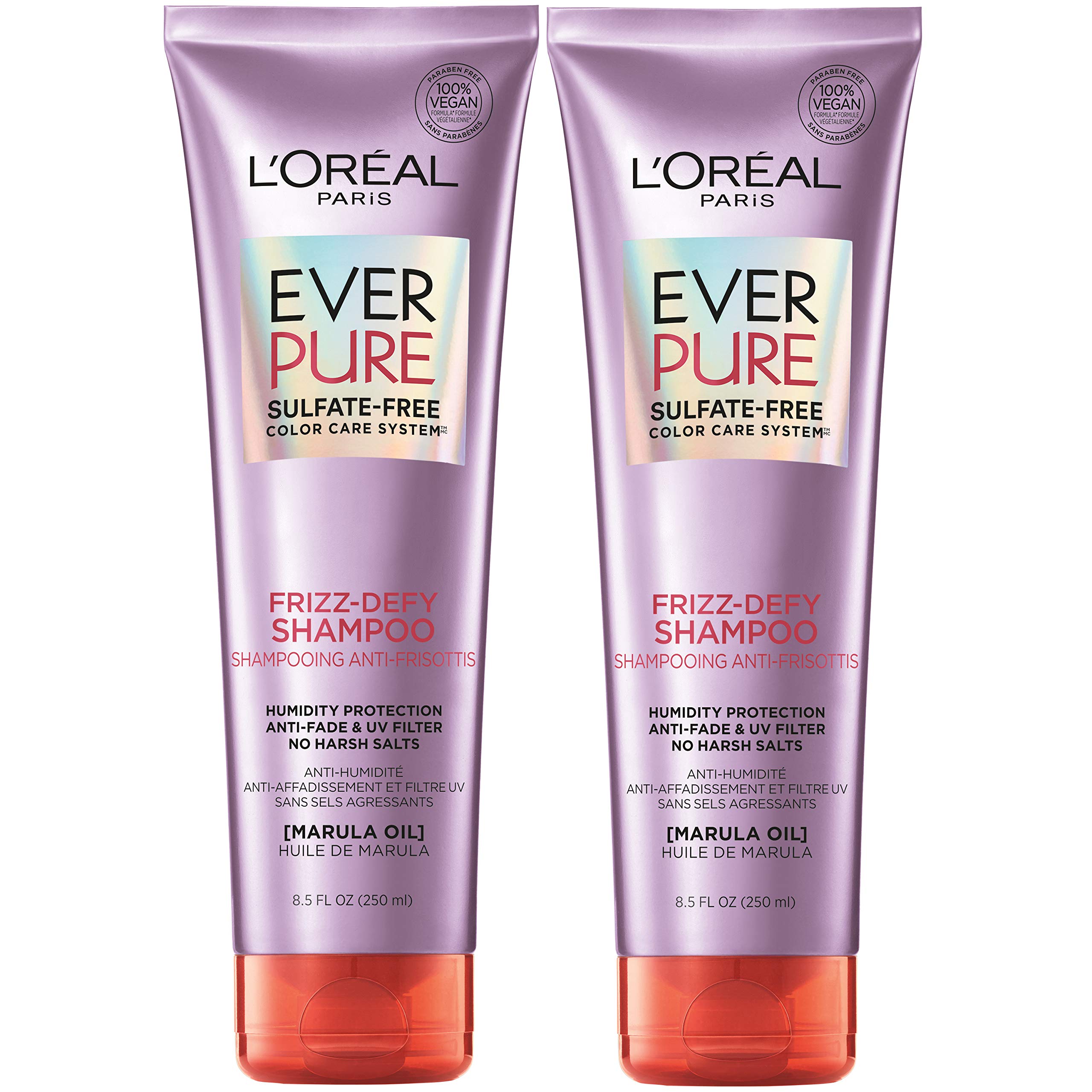 L'Oreal Paris EverPure Frizz-Defy Shampoo with Marula Oil – Sulfate Free, Color-Safe, Humidity Protection (2 Count, 8.5 Fl Oz Each)
