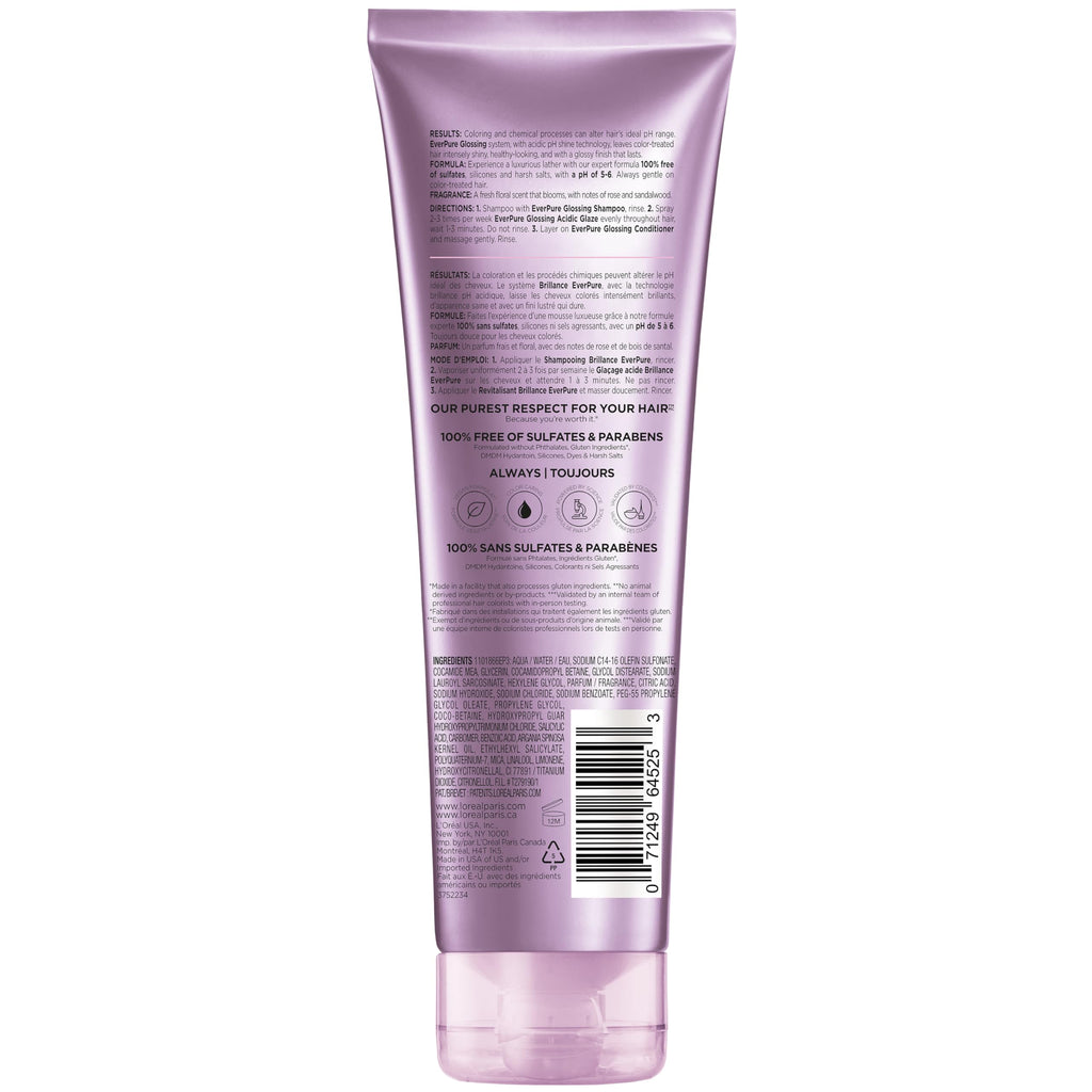 L'Oreal Paris EverPure Glossing Shampoo - Sulfate Free, pH Balanced, Argan Oil Infused, Vegan, 8.5 Fl Oz