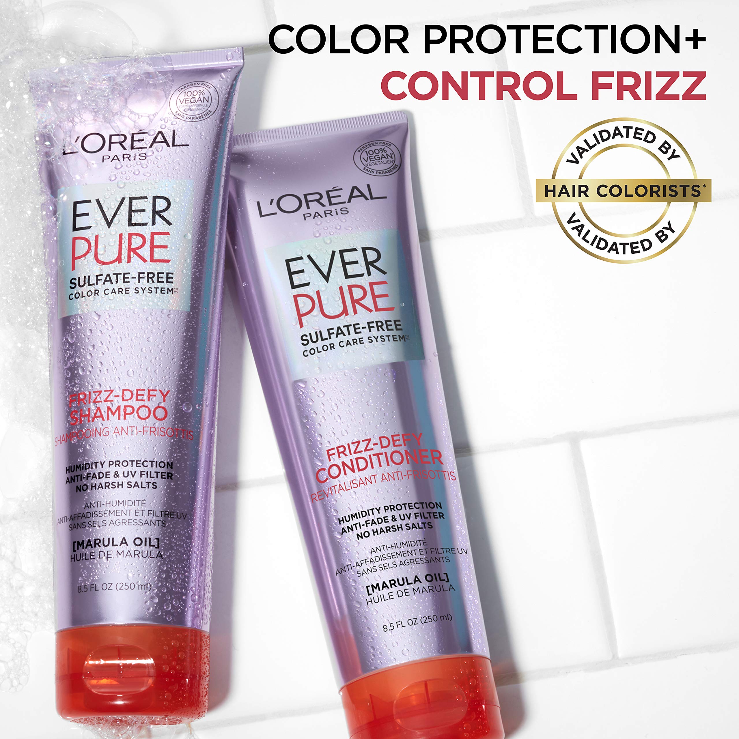 L'Oreal Paris EverPure Frizz-Defy Shampoo with Marula Oil – Sulfate Free, Color-Safe, Humidity Protection (2 Count, 8.5 Fl Oz Each)