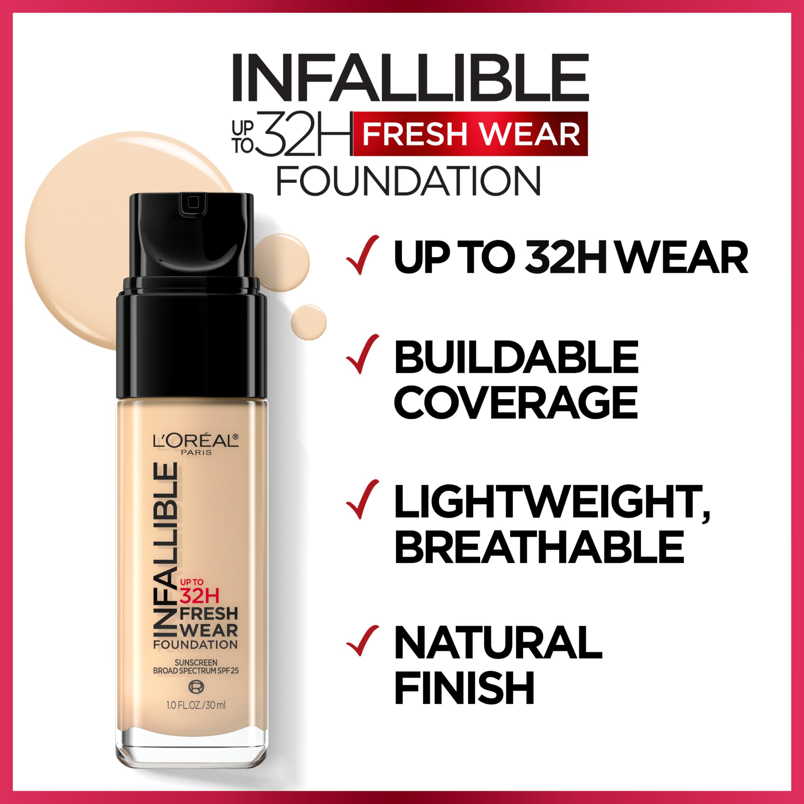 L'Oreal Paris Infallible 32 Hour Fresh Wear Foundation – 481 Cool Sand, 1 oz (Packaging May Vary)