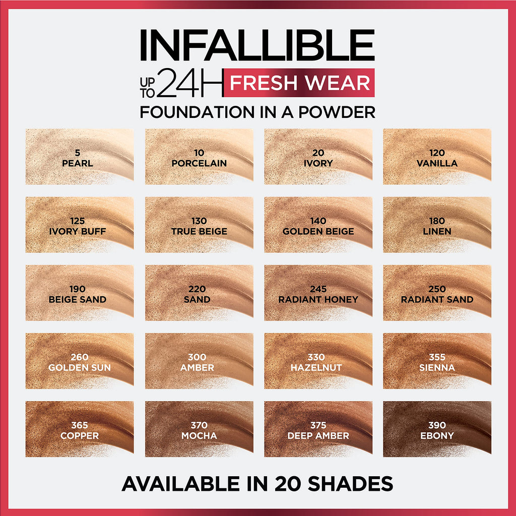 L'Oreal Paris Infallible Fresh Wear Foundation in Powder – Up to 24H Wear, Waterproof, Golden Beige, 0.31 oz
