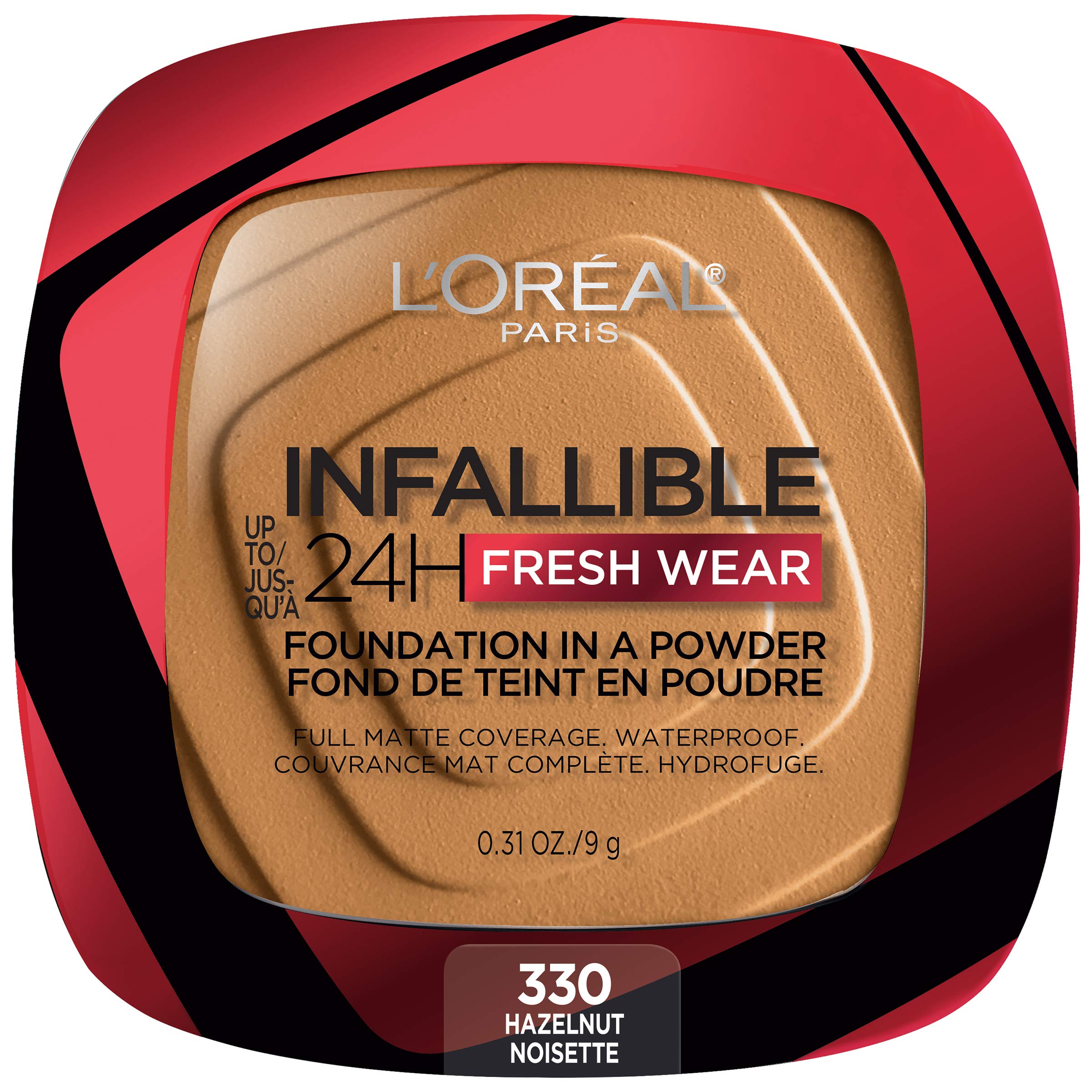 L'Oreal Paris Infallible Fresh Wear Foundation in a Powder — Up to 24H Matte, Waterproof, Hazelnut (0.31 oz)