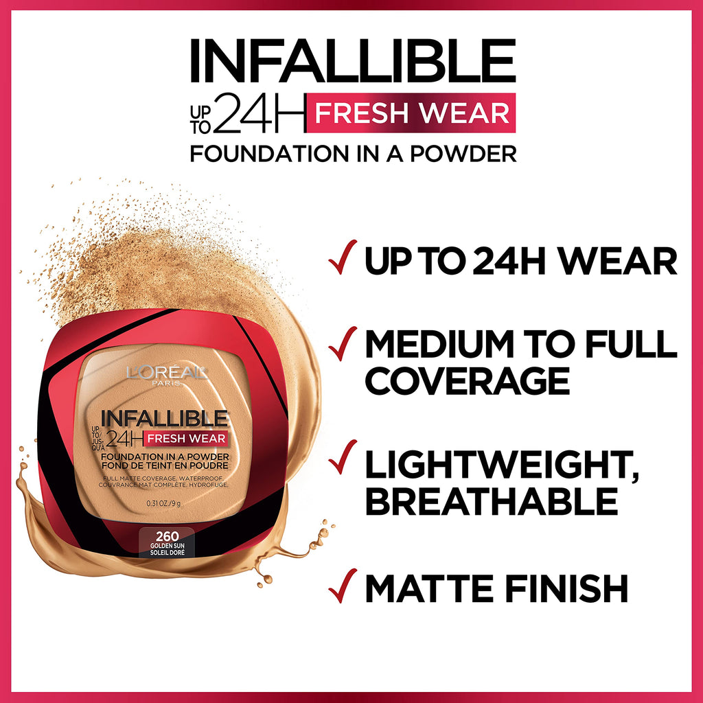 L'Oreal Paris Infallible Fresh Wear Foundation in a Powder – 24H Wear, Waterproof, Sand